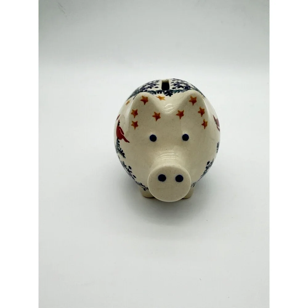 Boleslawiec Polish Art Pottery Hand Painted Cardinal Snow Flakes Piggy Bank